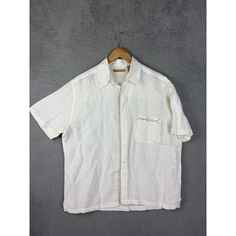 The Havanera Co Shirt Mens Large White Solid Short Sleeve Linen Embroidered Men